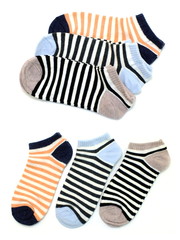 set of several multi colored socks isolated on white background