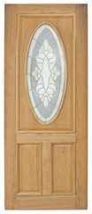 Wood door with glass on white background, vintage style.
