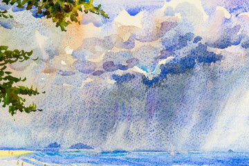Watercolor seascape rain clouds in the sea and family holidays.