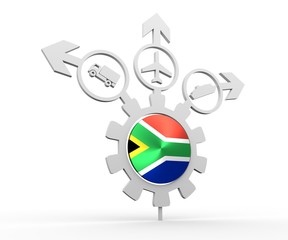 Delivery emblem design. Truck, airplane and ferry boat icons on destination arrows. Flag of the South Africa in the center of gear. 3D rendering