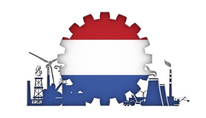 Energy and Power icons set with flag of the Netherlands. Sustainable energy generation and heavy industry. 3D rendering.