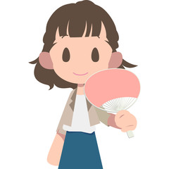 うちわで自分を扇ぐ女性