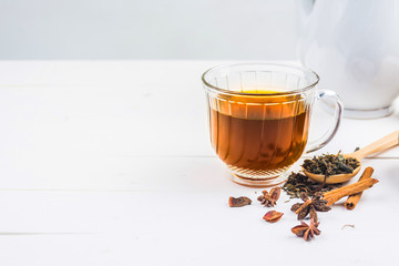 tea with  Tea glass on white wood