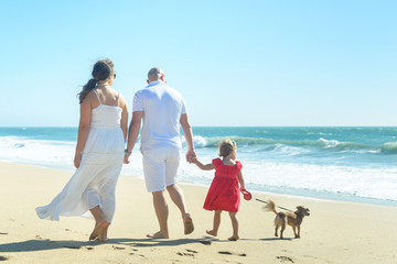 Young family with girl in red dress and dog on the beach