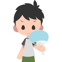 うちわで自分を扇ぐ男の子