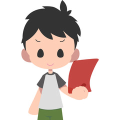 下敷きで自分を扇ぐ男の子