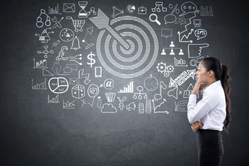 Thinking woman with dart target and business icons