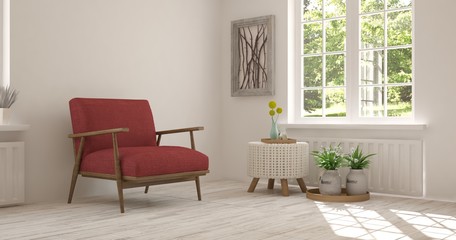 White room with armchair and green landscape in window. Scandinavian interior design. 3D illustration