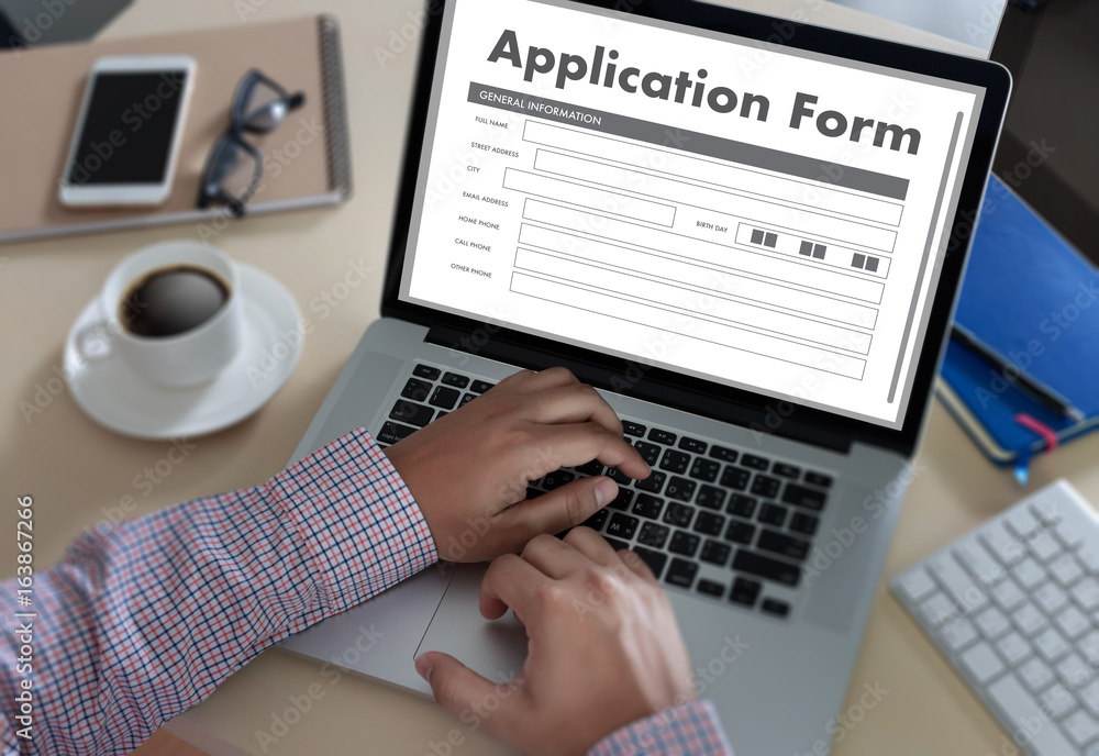 Poster business man working on laptop computer use online web job application form moniter