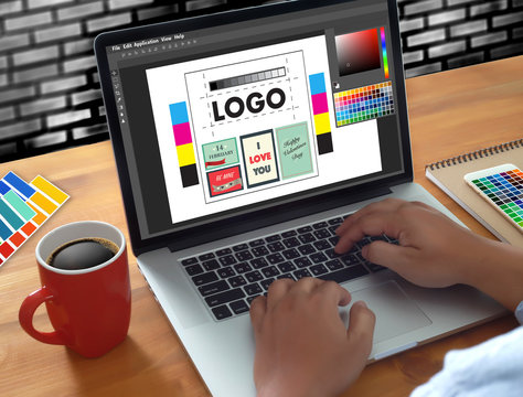 Creative Designer Graphic at work. Color swatch samples, Illustrator Graphic designer working digital tablet and computer