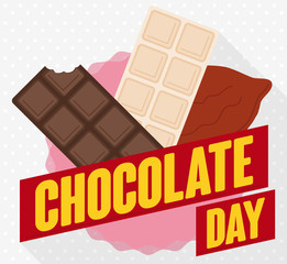 Chocolate Bars and Cocoa Bean behind Ribbons for Chocolate Day, Vector Illustration