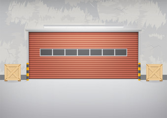 Storefront or shopfront is a facade or commercial building. Exterior with door and floor or entryway for retail shop or store. Protection with security shutter or roller door. Vector illustration.