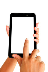 Hand holding a Tablet mobile with white screen.