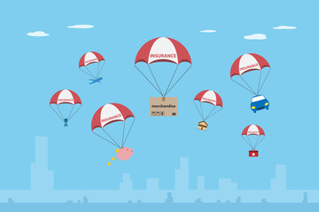 objects with insurance parachute, insurance and business concept