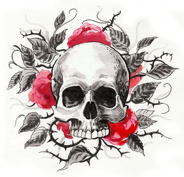 Skull and red flowers