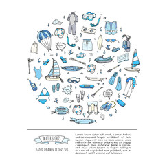 Hand drawn doodle Water sports icons set. Vector illustration, isolated symbols collection, Cartoon various elements: jetski, wakeboard, waterski, surfing, kayak, kitesurfing, paddle, parasailing