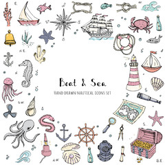 Hand drawn doodle Boat and Sea set. Vector illustration. Icons sea life concept elements. Ship symbols collection Marine life Nautical design Underwater life Water animals Ocean map Spyglass Magnifier