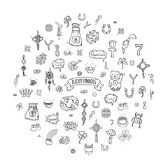 Hand drawn doodle Lucky symbols icon set Vector illustration isolated Luck symbols collection Cartoon wealth element: Ladybug Dreamcatcher Clover Horseshoe Neko cat Wishbone Scarab Charms Good Luck