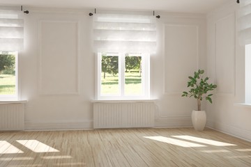 White empty room with green landscape in window. Scandinavian interior design. 3D illustration