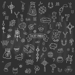 Hand drawn doodle Lucky symbols icon set Vector illustration isolated Luck symbols collection Cartoon wealth element: Ladybug Dreamcatcher Clover Horseshoe Neko cat Wishbone Scarab Charms Good Luck