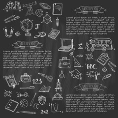 Hand drawn doodle Back to school icons set Vector illustration educational symbols collection Cartoon various learning elements: Laptop; Lunch box; Bag; Microscope; Telescope; Books; Pencil Sketch bus