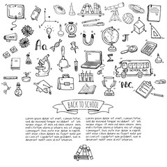 Hand drawn doodle Back to school icons set Vector illustration educational symbols collection Cartoon various learning elements: Laptop; Lunch box; Bag; Microscope; Telescope; Books; Pencil Sketch bus