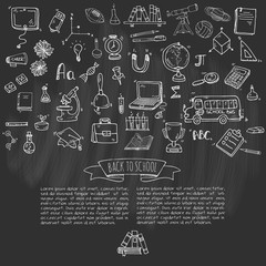 Hand drawn doodle Back to school icons set Vector illustration educational symbols collection Cartoon various learning elements: Laptop; Lunch box; Bag; Microscope; Telescope; Books; Pencil Sketch bus