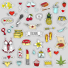 Fashion patch badges. Vector illustration Hand drawn isolated on light background. Set of stickers, pins, patches in cartoon 80s-90s pop-art comic style design Lingerie Beer Pizza Pineapple Heart Love