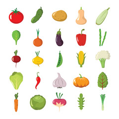 Colorful cartoon vector icons set of fruits and vegetables