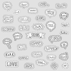 Fashion patch badges. Vector illustration Hand drawn isolated on light background. Set of stickers, pins, patches in cartoon 80s-90s pop-art comic style design. Lettering Boom Yeah Wow Dope Hashtag Ok