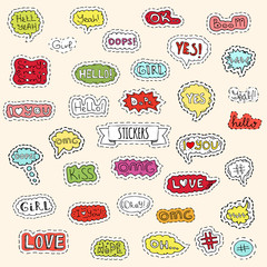 Fashion patch badges. Vector illustration Hand drawn isolated on light background. Set of stickers, pins, patches in cartoon 80s-90s pop-art comic style design. Lettering Boom Yeah Wow Dope Hashtag Ok