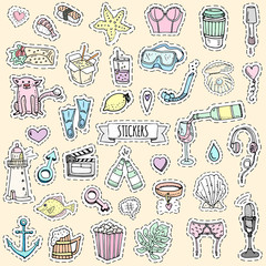 Fashion patch badges. Vector illustration Hand drawn isolated on light background. Set of stickers, pins, patches in cartoon 80s-90s pop-art comic style design Wine Beer Microphone Lingerie Sushi Love