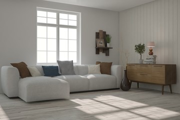 White modern room with sofa. Scandinavian interior design. 3D illustration