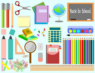 Set of school products, colorful isolated objects in flat design 