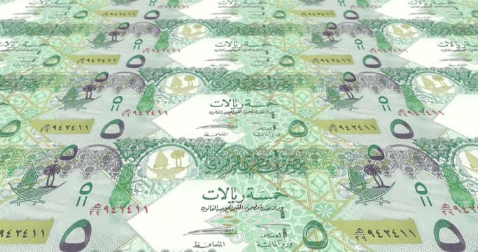 Series of banknotes of fifty Qatari riyals of the Central Bank of Qatar rolling on screen, coins of the world, cash money, loop