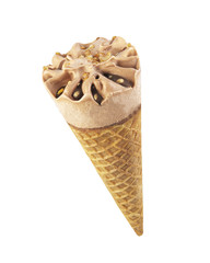 Chocolate ice cream with nuts in waffle
