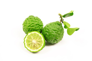 Kaffir lime and kaffir lime leaf on white background