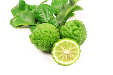 Kaffir lime and kaffir lime leaf on white background
