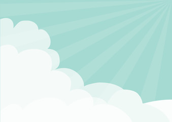 Cloud in corners frame template. Blue sky. Sun light rays burst. Sunshine. Fluffy cloudshape. Cloudy weather. Flat design. Background. Isolated