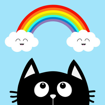 Black cat looking up to cloud and rainbow with smiling face. Cute cartoon character. Valentines Day. Kawaii animal. Love Greeting card. Flat design. Blue background. Isolated.