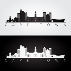 Cape Town skyline and landmarks silhouette, black and white design, vector illustration. - obrazy, fototapety, plakaty
