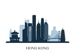 Hong Kong skyline, monochrome silhouette. Vector illustration.