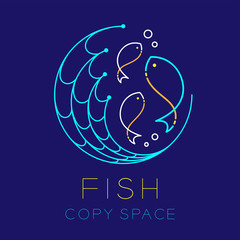 Fish, Fishing net circle shape and Air bubble logo icon outline stroke set dash line design illustration isolated on dark blue background with Fish text and copy space