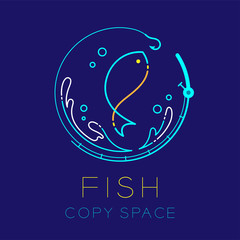 Fototapeta premium Fish, Fishing rod circle shape, Water splash and Air bubble logo icon outline stroke set dash line design illustration isolated on dark blue background with Fish text and copy space