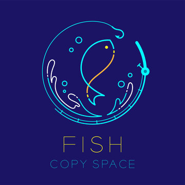 Fish, Fishing rod circle shape, Water splash and Air bubble logo icon outline stroke set dash line design illustration isolated on dark blue background with Fish text and copy space