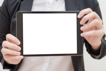 business woman show blank tablet