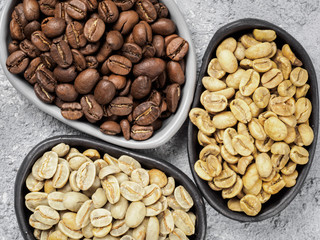 top view of white, green and brown coffee bean in plate