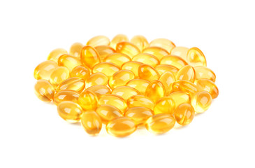 Fish oil pills. Cod liver oil omega 3 gel capsules isolated on white background.