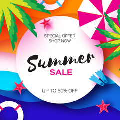 Summer Sale Template banner. Beach rest. Summer vacantion. Top view on colorful beach elements. Square frame with space for text. Paper art style. Vector