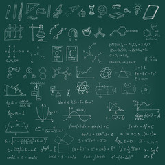 Set of vector chalk hand drawn school symbols, graphics and formulas on green blackboard.